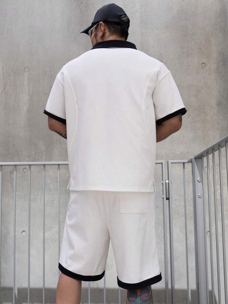 Summer Letter Print Patchwork White Sports Style Men's T-Shirt Set