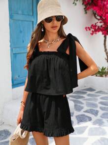 Vivid Eden 100%Cotton 2pcs/Set Leisure Holiday Tie-Up Camisole And Shorts, For Spring And Summer Vacation, A Casual Holiday Outfit, Holiday Summer Beach Outfit,Beach Outfits For Woman ,Festival,Vacation Outfits Woman,Tropical Vacation Woman Clothes - Black - View 8