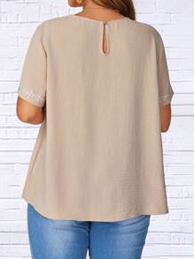 EMERY ROSE 加大码花卉刺绣短袖休闲度假衬衫，乡村休闲度假女士，简约时尚，适合日常穿着，夏季女士上衣，夏季，度假女士夏季办公室穿着，度假女士，夏季节日波西米亚风，假日