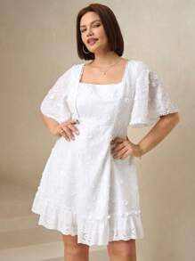 Chikora 大码优雅纯色刺绣方领连衣裙 - 白色 - 查看 3