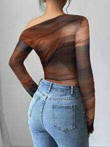 Firerie Women Asymmetric Collar Tie-Dye Print Long Sleeve Bodysuit, Suitable For Valentine's Day, Concerts, Dates, Sexy, Elegant, Commute, Back To School, Vacation, Beach - Multicolor - View 3