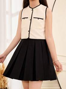 SHEIN Tween Girls Black Pleated Skirt With Oversized Bow Back Design, Casual