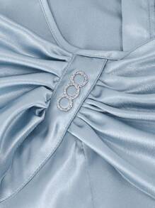 SHEIN 优雅修身缎面连衣裙，适合少女 - 水鴨藍 - 查看 4