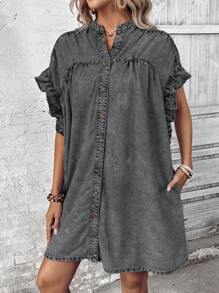 EMERY ROSE Women's Summer Casual Notched Collar Ruffle Denim Dress - Dark Grey - View 6