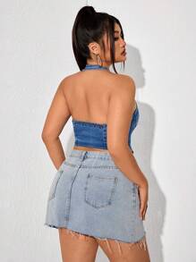 SHEIN ICON Plus Size Front Zipper Backless Halter Denim Top - Blue - View 2
