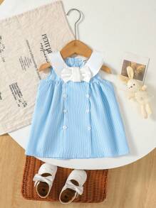 SHEIN 女婴休闲日常蓝色条纹舒适百搭连衣裙，适合外出和居家穿着