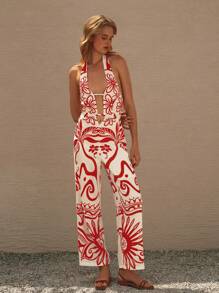 Lumivelle 女士优雅节日花卉印花镂空性感吊带连体裤