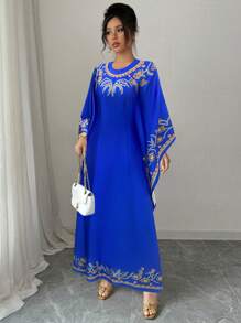 Elenzga Round Neck Ruched Waist Elegant Floral Print Long Dress For Women - Blue - View 5