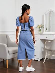 Denimly Tween Girls Vintage Casual Urban Preppy Cropped Top With Square Neckline, Puff Sleeves, Back Zippered Closure And Denim Mid-Length Skirt With Distressed Details, Elastic Waistband, Zipper Closure, Side Slit And Frayed Hem, 2 Pieces Set - Medium Wash - View 2