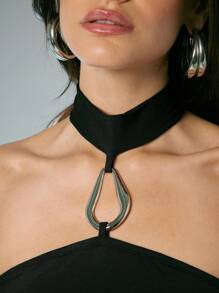 Denimoi 女士性感前部金属环细节简约外出上衣性感上衣女士度假上衣女士度假露背上衣女士音乐会上衣 - 黑色 - 查看 2