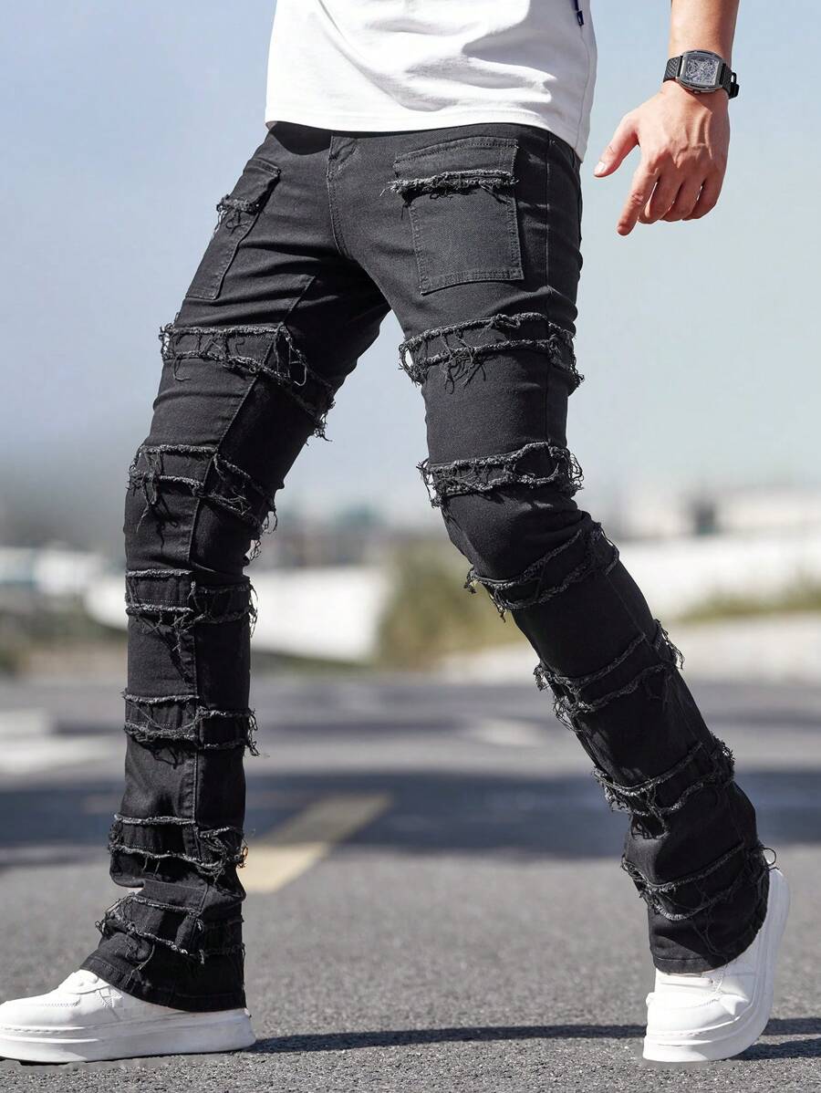 Manfinity Homme Men's Utility Pocket Frayed Slim Fit Bootleg Jeans - Black - View 1
