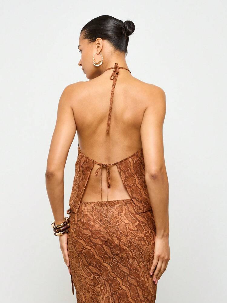 Halter Neck Sheer Snake Print Ruffle Top