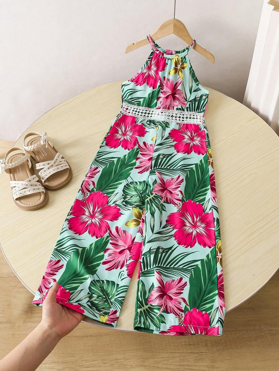 SHEIN Colorful Resort Active Tropical Floral Sleeveless Romper & Pants Set For Young Girl, Suitable For Summer Beach Vacation - Green - View 1