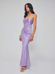 Roylia 女士时尚优雅性感提花缎面露背连衣裙，修身晚礼服，春夏 - 紫色 - 查看 4
