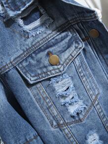 Manfinity Homme 男士破洞单排扣休闲牛仔夹克，秋季款 - 藍色 - 查看 5