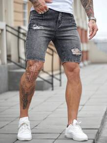 Manfinity Homme Men's Dark Grey Washed Distressed Stretch Skinny Denim Shorts - Dark Grey - View 4