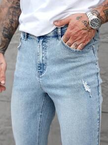 Manfinity Homme Light Blue Denim Casual Elastic Skinny Ripped Pants For Men - Light Wash - View 7