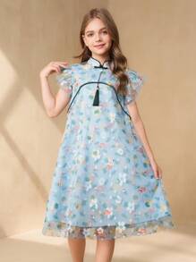 SHEIN Vestido de línea A elegante y lindo tipo cheongsam modificado para niñas preadolescentes - Multicolor - Ver 4
