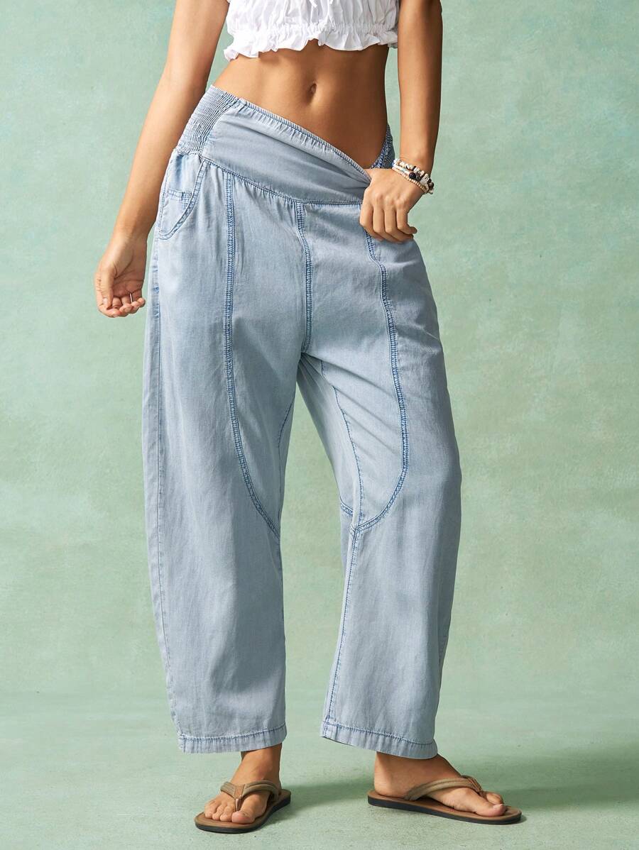 Bohemela 纯色梭织女式牛仔裤，夏季时尚 - 淺色水洗藍 - 查看 1
