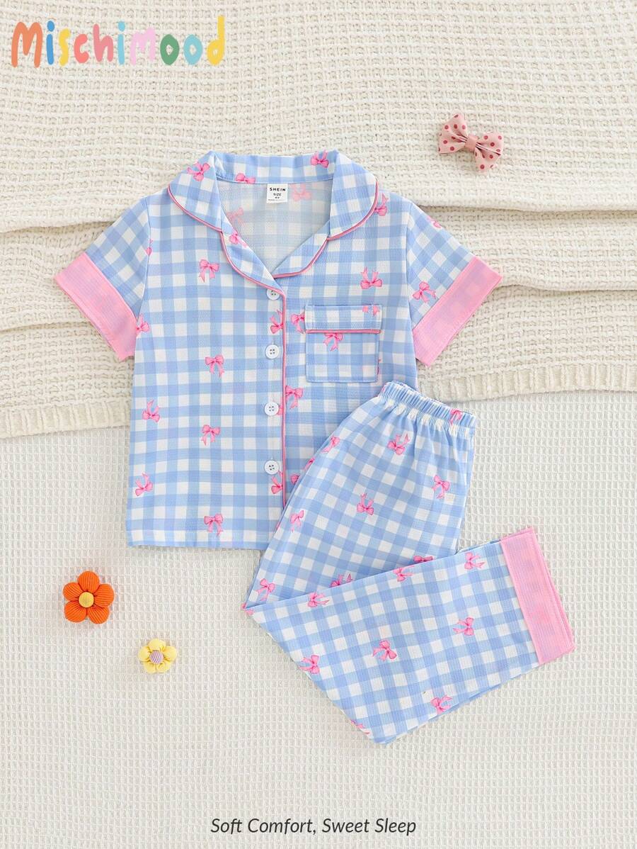 Set de 2 piezas de chica joven con estampado de cuadros, cárdigan de manga corta con moño y pantalones, conjunto de ropa para el hogar - Multicolor - Ver 1