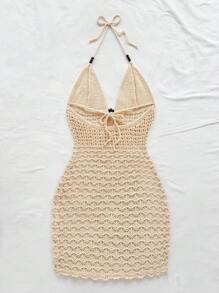 Soleia 大码性感细肩带 V 领镂空珠饰修身针织连衣裙，度假细肩带露背渐变色连衣裙，适合度假、约会、下午茶、音乐节、波西米亚风