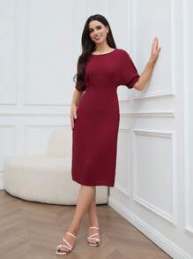 EMERY ROSE Women's Solid Color Batwing Short Sleeve Mid-Length Casual Dress - Burgundy - View 3