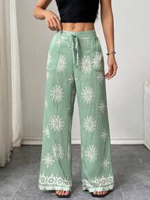 Breezaya 女士几何印花宽松休闲度假裤 - 綠色 - 查看 4