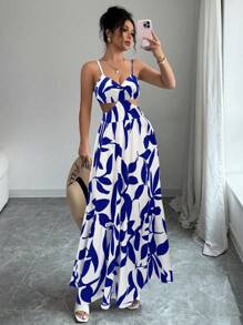 Calvaya Casual Blue Floral Waist Cutout Strap Dress For Women