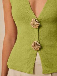 Poéselle 女士金属外壳V领无袖薄款开衫 - 綠色 - 查看 3