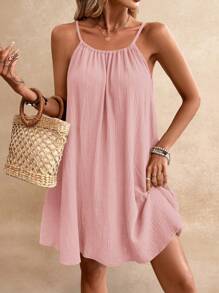 SHEIN Frenchy 夏季女式吊带波西米亚风太阳裙，必备款，夏季服装，婚礼季必备款，Cottagecore 抽绳连衣裙，太阳裙女式棉质连衣裙 - 淺粉色 - 查看 2