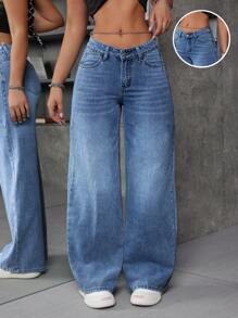 SHEIN ICON 女式宽松V领低腰喇叭阔腿牛仔裤，带口袋 - 中等水洗藍 - 查看 1