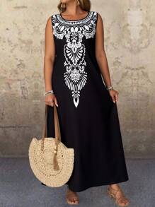 EMERY ROSE 大码无袖撞色花卉印花连衣裙，休闲度假风格 - 黑與白 - 查看 4