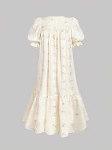 SHEIN MOD 女式V领短款泡泡袖碎花娃娃裙