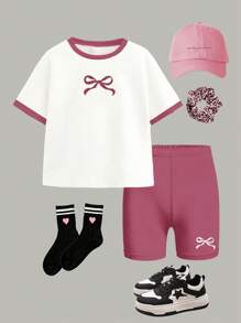SHEIN Leap Crew 2 件套青少年女孩休闲简约短袖 T 恤和短裤套装，适合夏季 - 彩色 - 查看 3