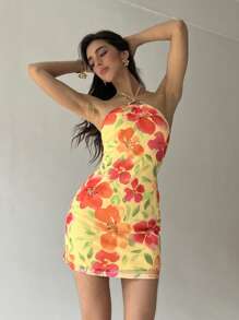Aloruh Women's Beach Floral Print Ring Decor Halter Backless Mini Dress - Multicolor - View 8