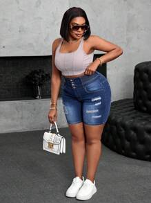 大码女式夏季水洗做旧纽扣弹力牛仔短裤 - 中等水洗藍 - 查看 6