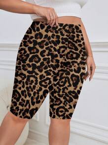 SHEIN Essnce Quần legging họa tiết da báo cỡ lớn cho nữ, thích hợp cho mùa xuân/hè - màu nâu - Xem 4