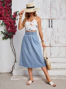 EMERY ROSE Women's Denim Ruffle Hem Pocketed Casual Mini Skirt - Light Wash - View 4