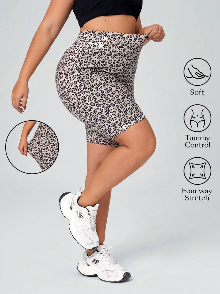 SHEIN Essnce 大码女式休闲软棕色豹纹牛仔裤 - 棕色 - 查看 1