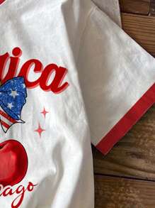 SHEIN Leap Crew Independence Day Teens Girls Casual Minimalist Knit Oversized T-Shirt With American Flag, Bow And Cherry Print, Suitable For Summer - Multicolor - View 4