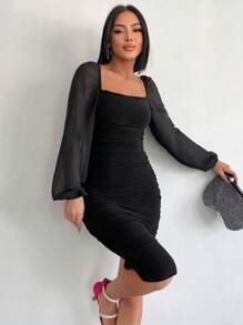 EURMUSE Square Neck Lantern Sleeve Ruched Bodycon Dress - Black - View 5