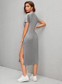 SHEIN LUNE 圆领纯色休闲连衣裙短袖，简约时尚，适合夏季 - 黑色 - 查看 2