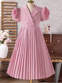 Tween Girls Pink 3D Floral Pleated Vintage Stylish Dress
