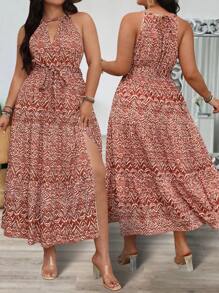 SHEIN Clasi Vestido casual de vacaciones con estampado floral, cuello anudado, sin mangas, con abertura en el bajo, para tallas grandes - Multicolor - Ver 4