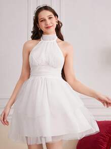 Elegant White Halter Neck Mesh Overlay Dress For Teens