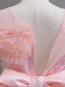 SHEIN Glamorique Kids Đầm voan không tay bồng bềnh, đính pha lê, viền xếp ly, đầm công chúa dự tiệc cho bé gái, đầm dự tiệc Giáng sinh/kỳ nghỉ, mùa thu và mùa đông. - Hồng - Xem 5
