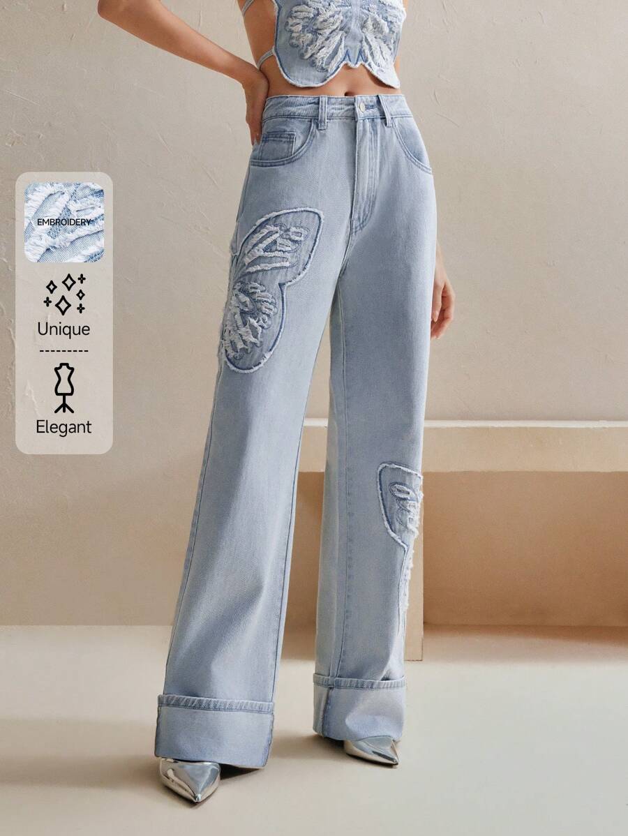 Anewsta Fashionable Embroidered Straight-Leg Jeans For Women - Blue - View 1