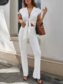 RueChic 2pcs/Set Solid Color Knotted Crop Top And Long Pants Casual Resort Outfit - White - View 1