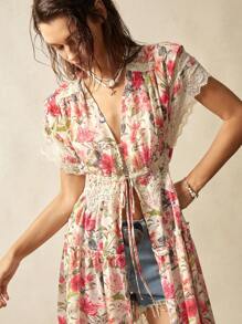 Bohemela 波西米亚风格乡村度假花卉印花撞色蕾丝女式短袖衬衫 - 白色 - 查看 5