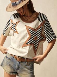 Bohemela Vintage amerikanischer, legerer Urlaubs-Stil, Farbblock Sternmuster Loose Fit Rundhals Kurzarm Damen T-Shirt